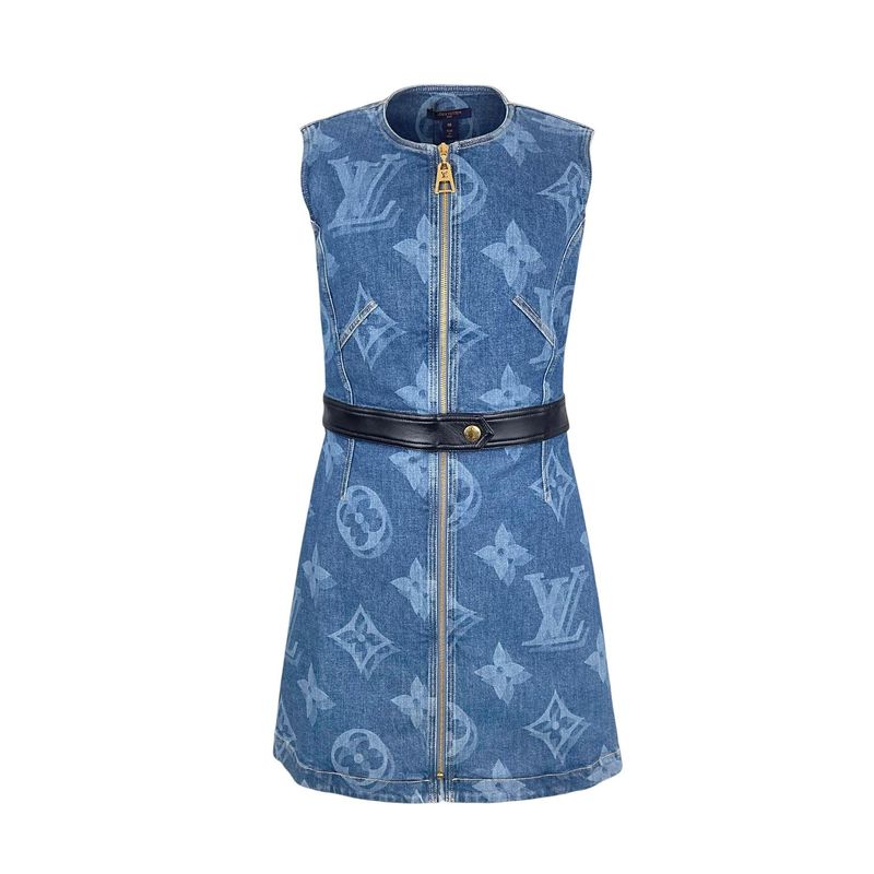 Louis Vuitton Blue Giant Blurry Monogram Print Denim Dress 40 - 1