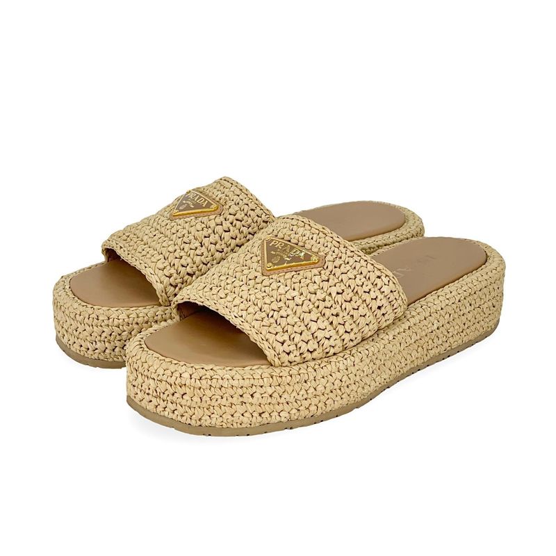 Prada Beige Raffie Singleband Triangle Logo Platform Slides 38 - 1