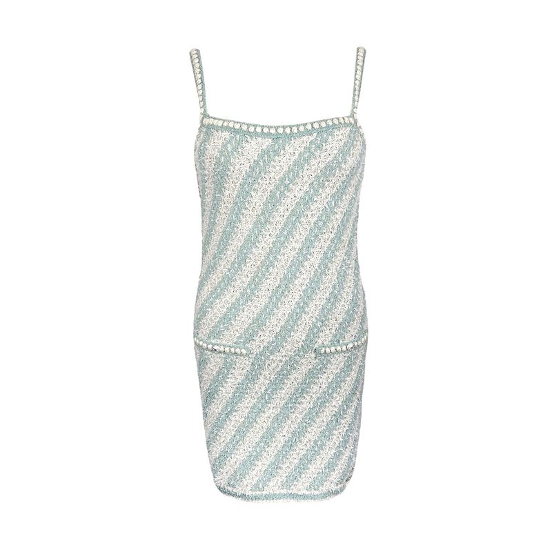 Chanel Light Blue White Cotton Silver Threads 2023 Dress 40 - 1