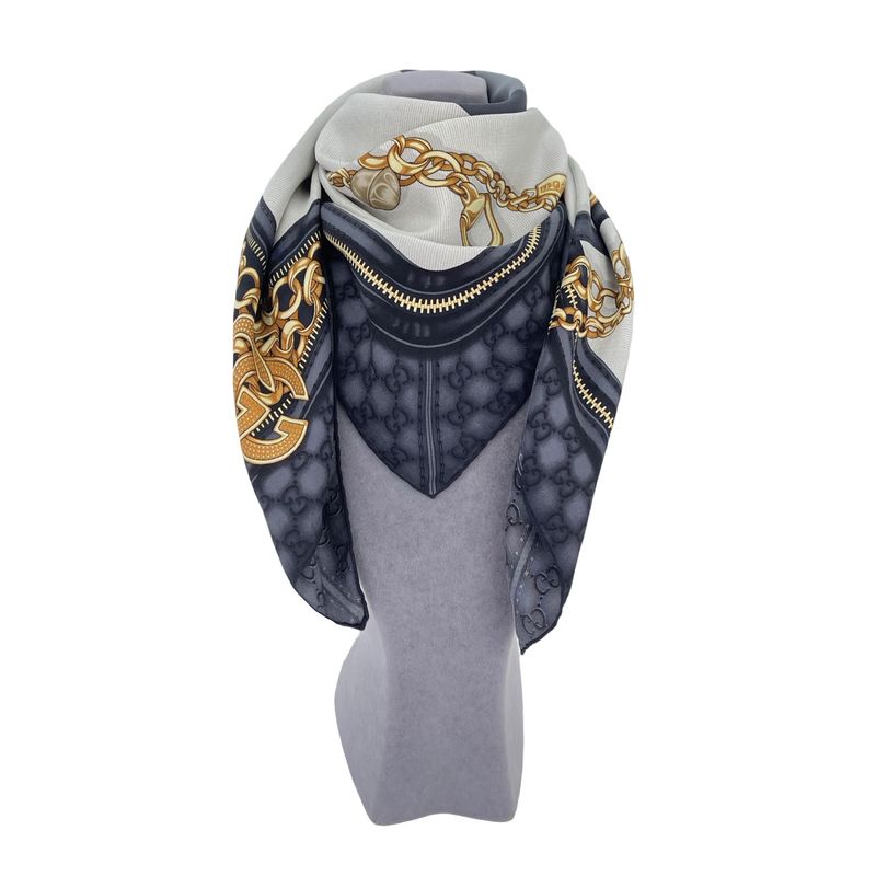 Gucci Black Grey Gold Chain GG Logo Printed Silk Scarf - 1