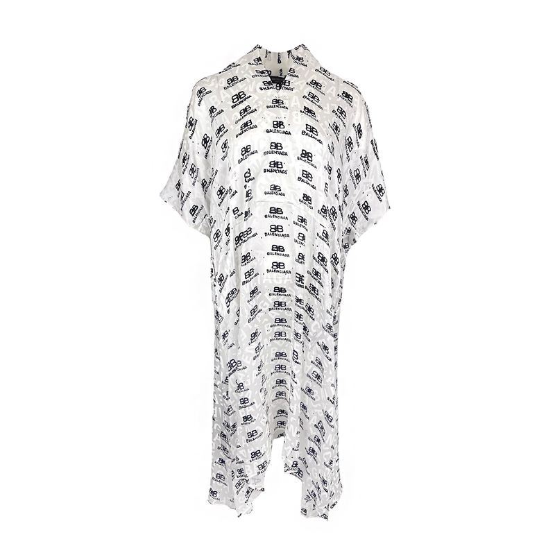 Balenciaga White Black BB Icon Print Logo Jacquard Silk Oversized Midi Dress 2 - 1
