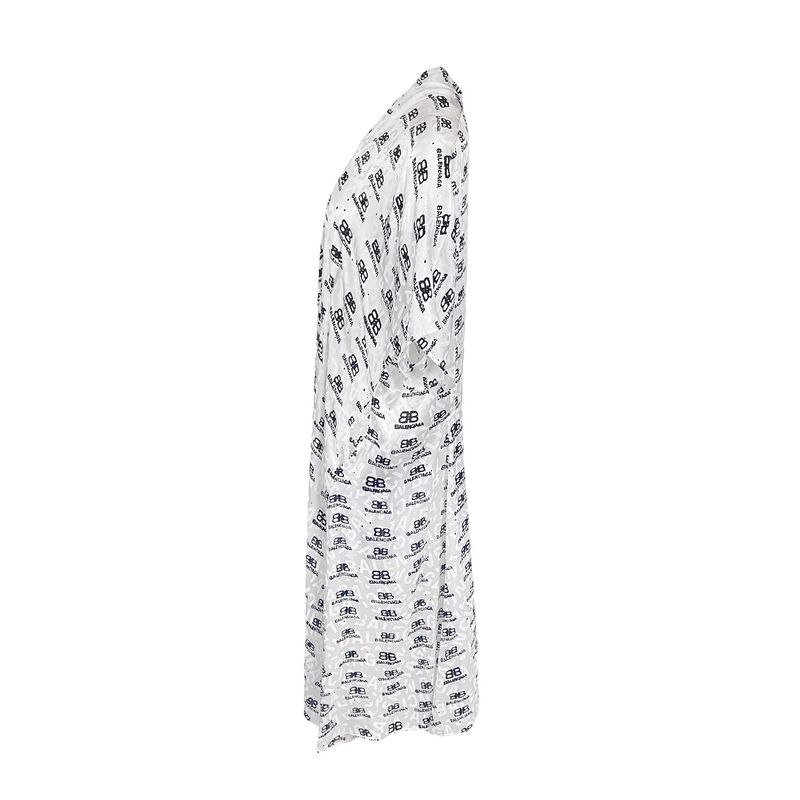 Balenciaga White Black BB Icon Print Logo Jacquard Silk Oversized Midi Dress 2 - 3