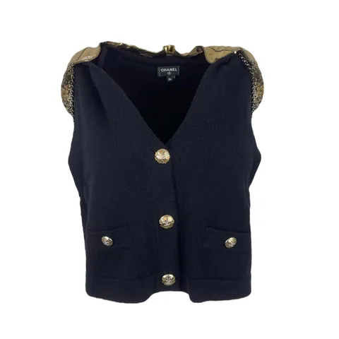 Chanel Black Cashmere Knit Gold Sequin Hooded 2024 Vest 36 - 1