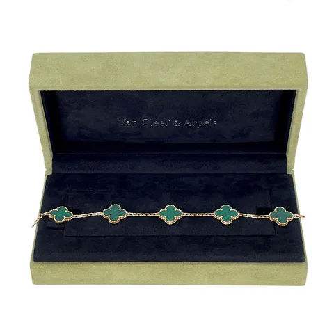 Van Cleef & Arpels Malachite Vintage Alhambra 5 Motifs Yellow Gold Bracelet - 1