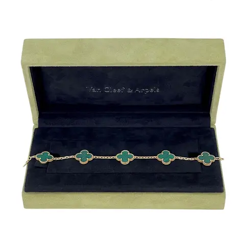 Van Cleef & Arpels Malachite Vintage Alhambra 5 Motifs Yellow Gold Bracelet