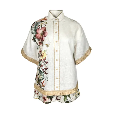 Zimmermann Ivory Lexi Tropical Floral Raffia Trim Shirt 0 Short 0