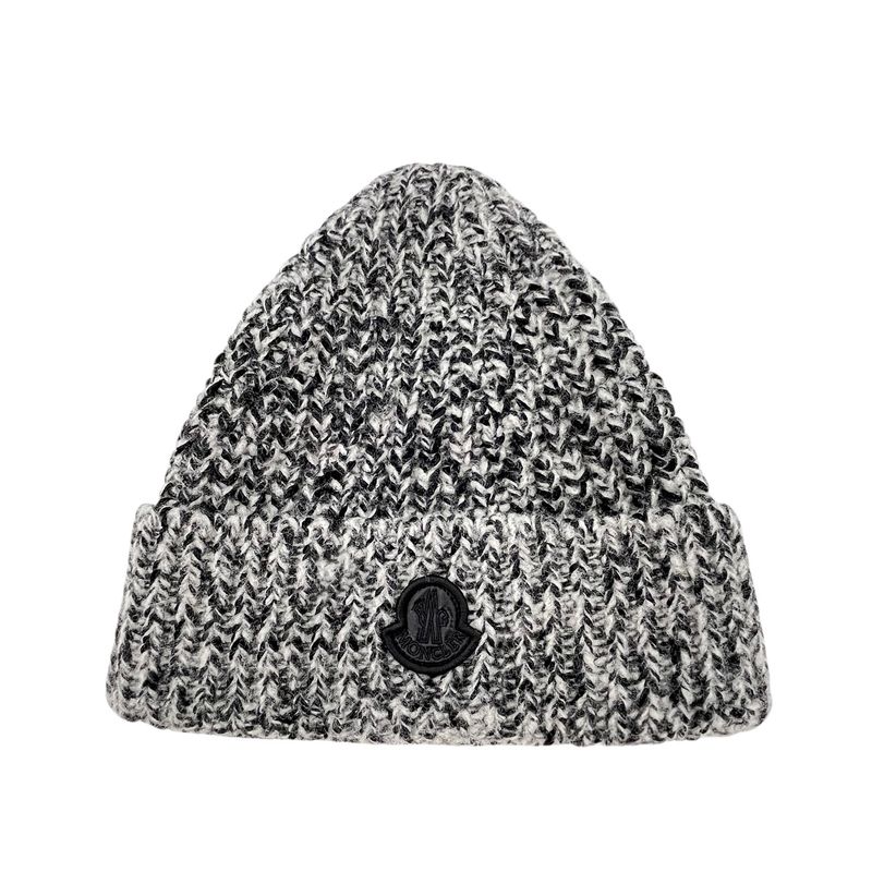 Moncler Black White Wool Logo Patch Beanie Hat - 1