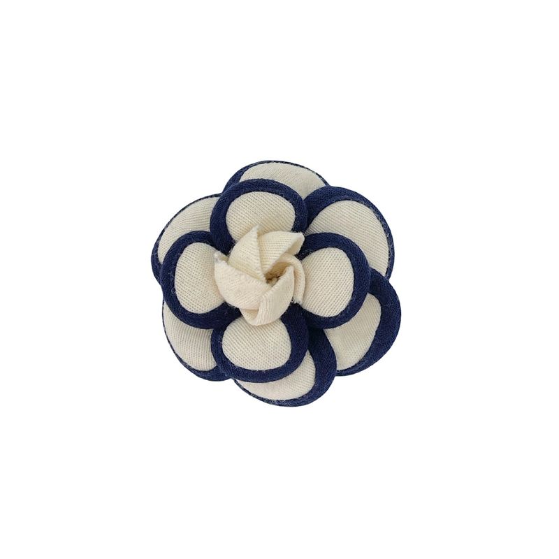 Chanel Navy Blue Cream Fabric Camellia Brooch - 1