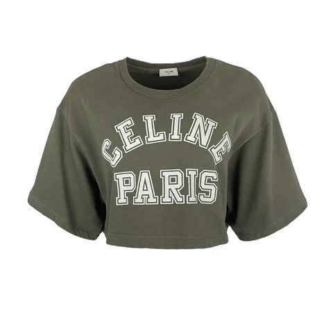 Celine Khaki White Logo Cropped Cotton Tshirt S