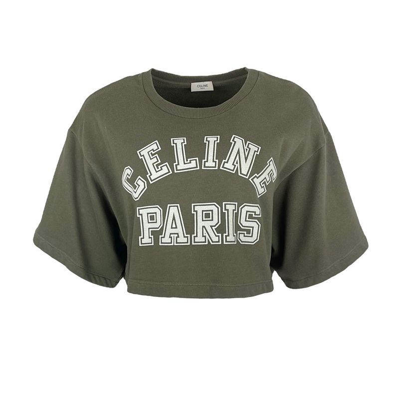 Celine Khaki White Logo Cropped Cotton Tshirt S - 1