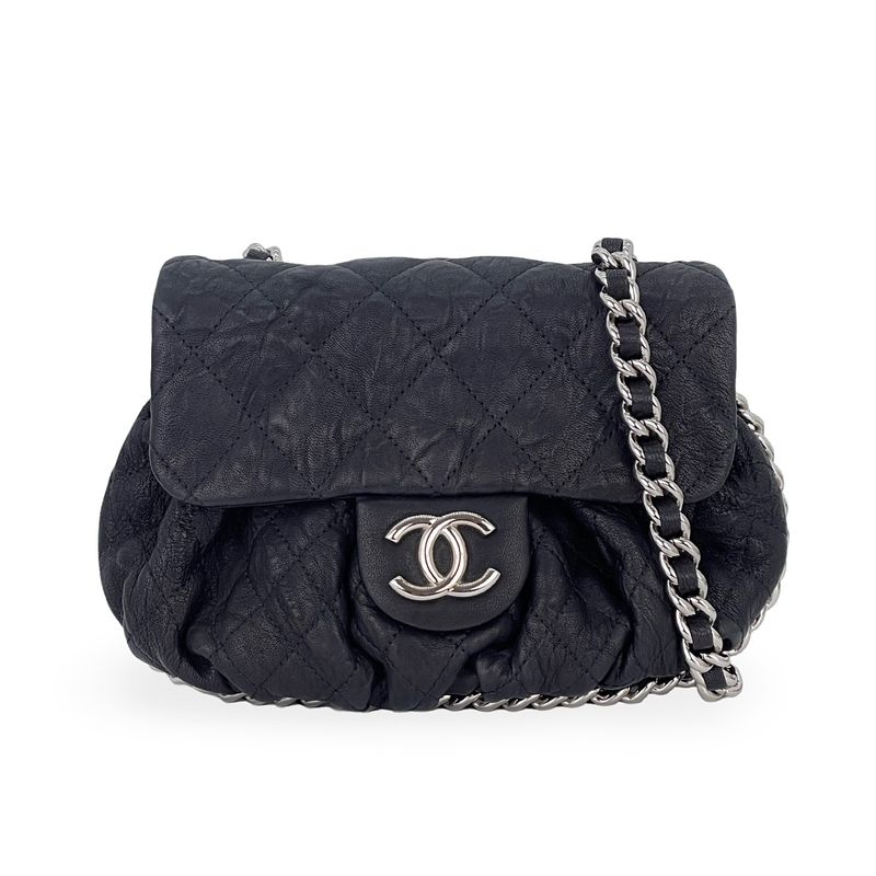 Chanel Black Quilted Washed Lambskin Silver Chain Around Mini Flap Bag - 1