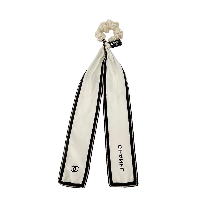 Chanel Black White Silk Logo Hair Tie - 1