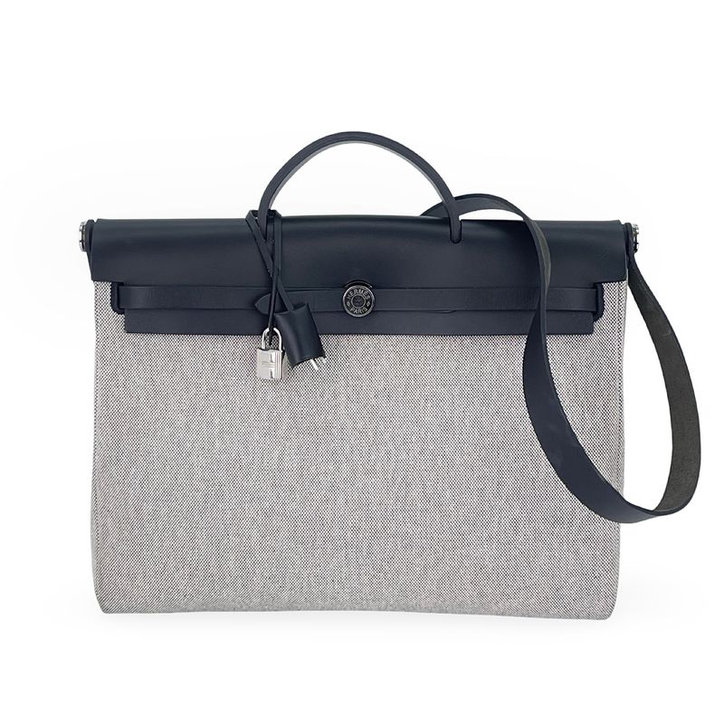 Hermes Viking Canvas Vache Hunter Leather Palladium Hardware Noir Ecru Messenger Herbag 39 - 1