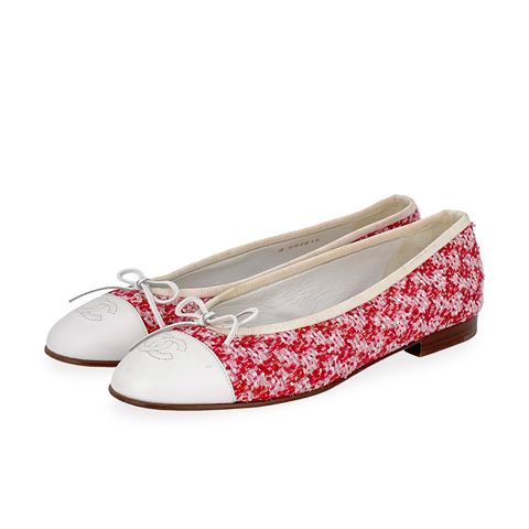 Chanel Red White Tweed Fabric Leather Sequin CC Cap Toe Ballerina Flats 38C - 1