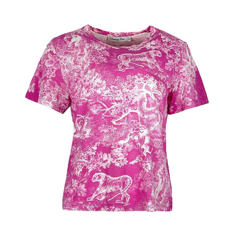 Christian Dior Pink White Toile De Jouy Tree Tiger Print Cotton Linen Tshirt L - 1