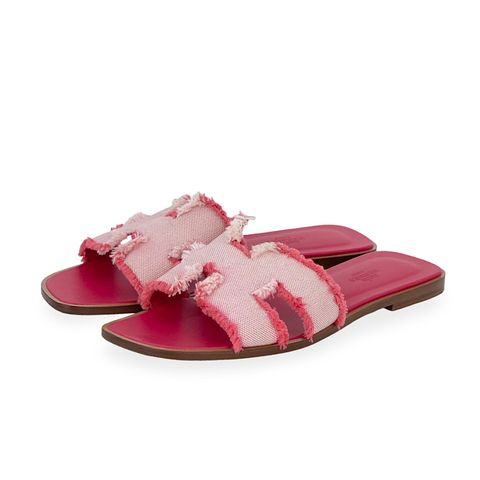Hermes Framboise Fringed Canvas Oran Sandals 39 - 1