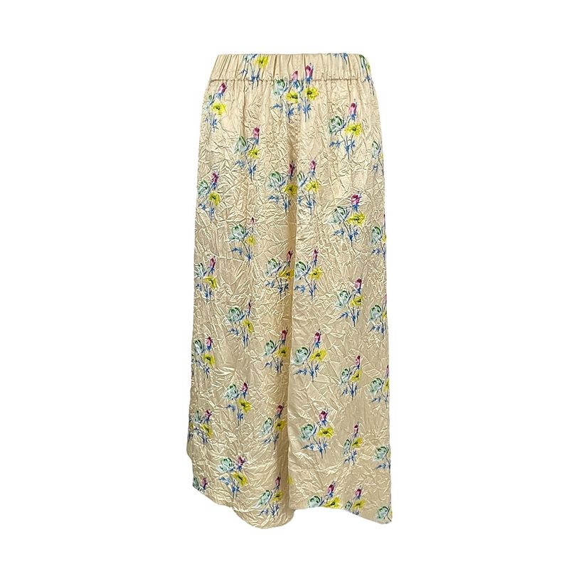 Ganni Cream Crinkled Satin Wavy Floral Print Midi Skirt 36