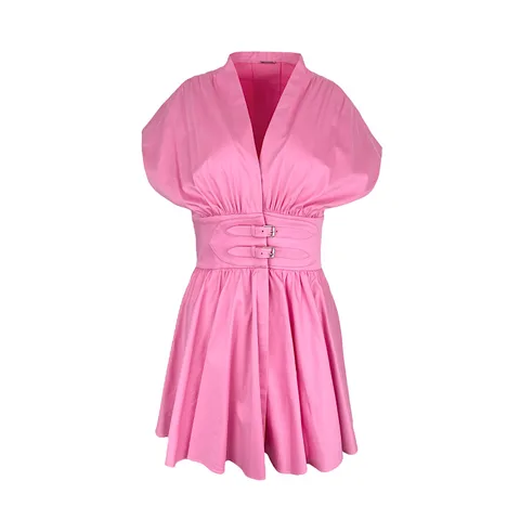 Alexis Pink Bree Gathered Poplin Belted Mini Dress S - 1