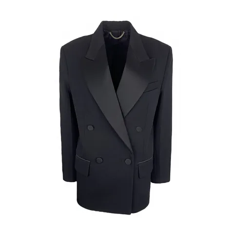 Victoria Beckham Black Wool Double Breasted Satin Paneled Crepe Blazer Jacket IT38 - 1