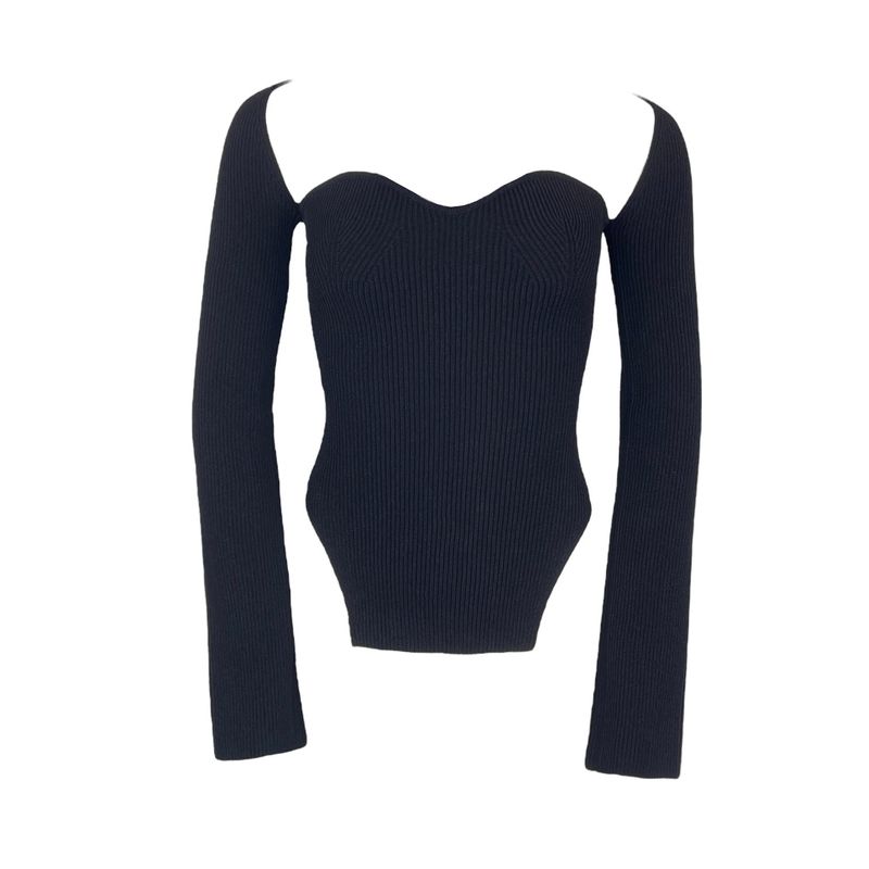 Khaite Black Rib Knit Sweerheart Neck Long Sleeve Top M