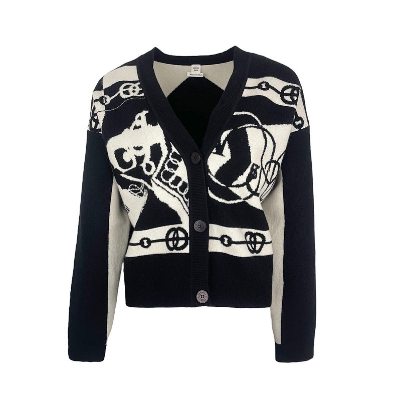 Hermes Noir Cliquteis Motif V Neck Cashmere Short Cardigan 38
