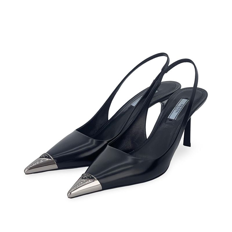 Prada Black Brushed Leather Metal Triangle Logo Slingback Pumps 38