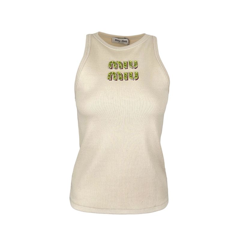 Miu Miu Beige Fern Green Embroidered Logo Ribbed Jersey Top XS