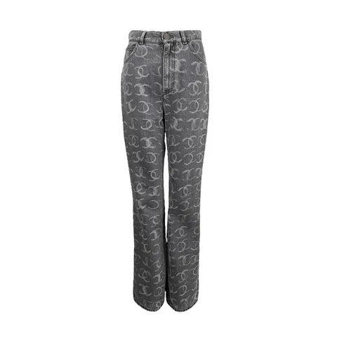 Chanel Anthracite Cotton Denim White CC Printed Logo Jeans 38 - 1