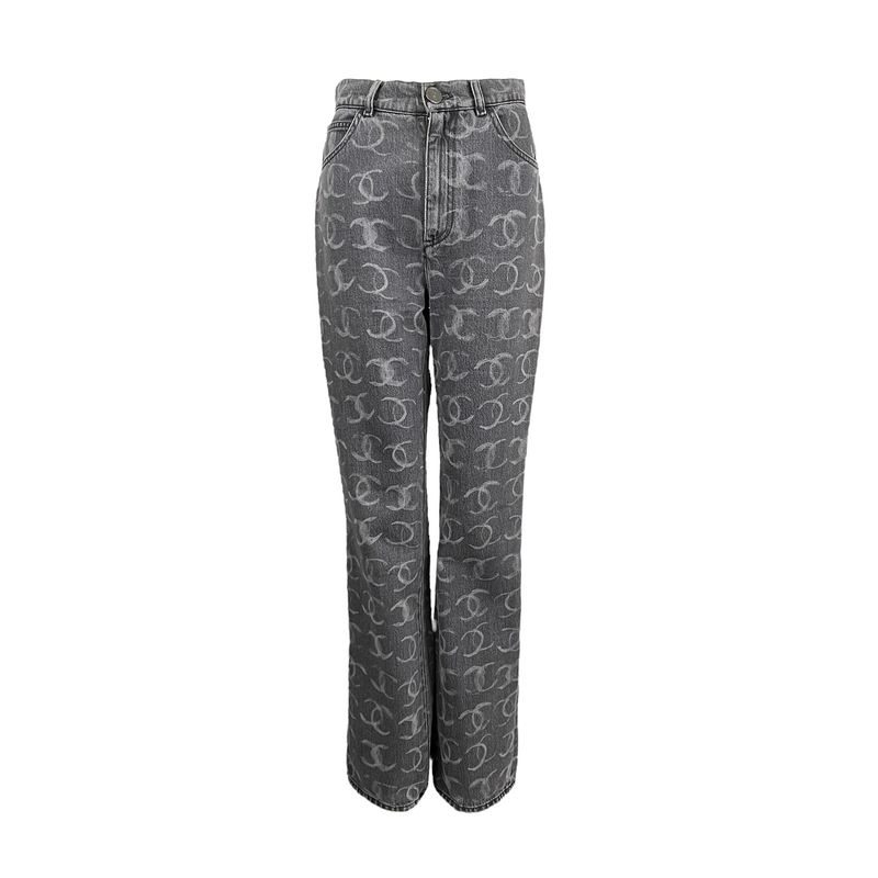Chanel Anthracite Cotton Denim White CC Printed Logo Jeans 38 - 1