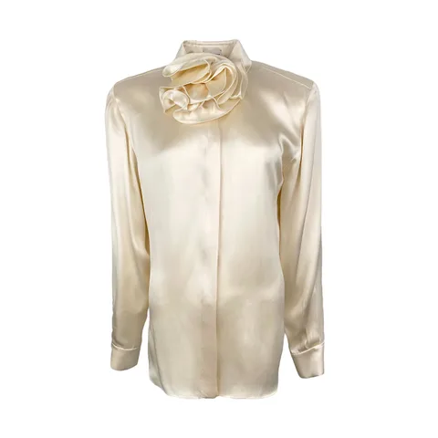 Magda Butrym Cream Silk Floral Applique Shirt 34 - 1