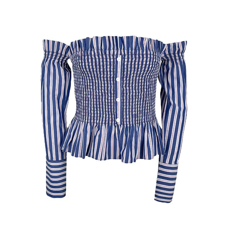 Petersyn Blue Striped Cotton Off Shoulder Crop Top XS - 1