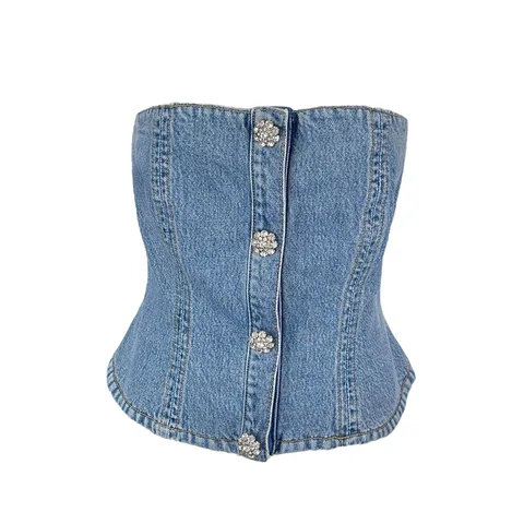 Ganni Blue Cotton Crystal Denim Corset 38 - 1