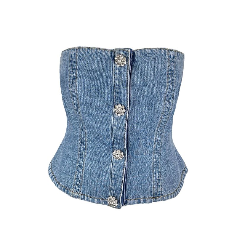 Ganni Blue Cotton Crystal Denim Corset 38 - 1