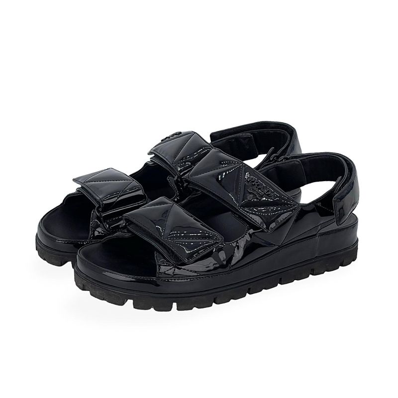 Prada Black Patent Leather Quilted Slingback Sport Sandals 38