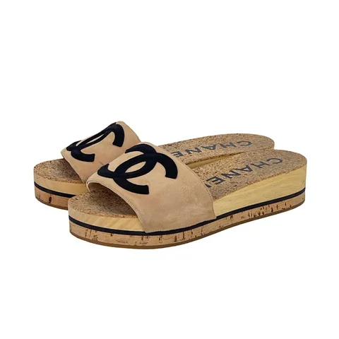 Chanel Beige Black Suede CC Cork Platform Slides 37