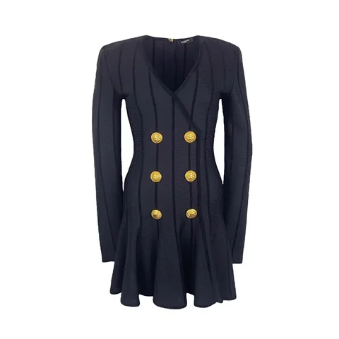 Balmain Black Gold Button Embellished Striped Mesh Mini Dress 38 - 1
