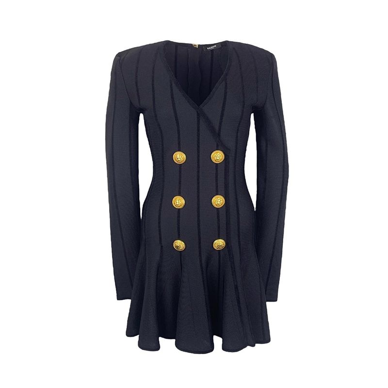 Balmain Black Gold Button Embellished Striped Mesh Mini Dress 38