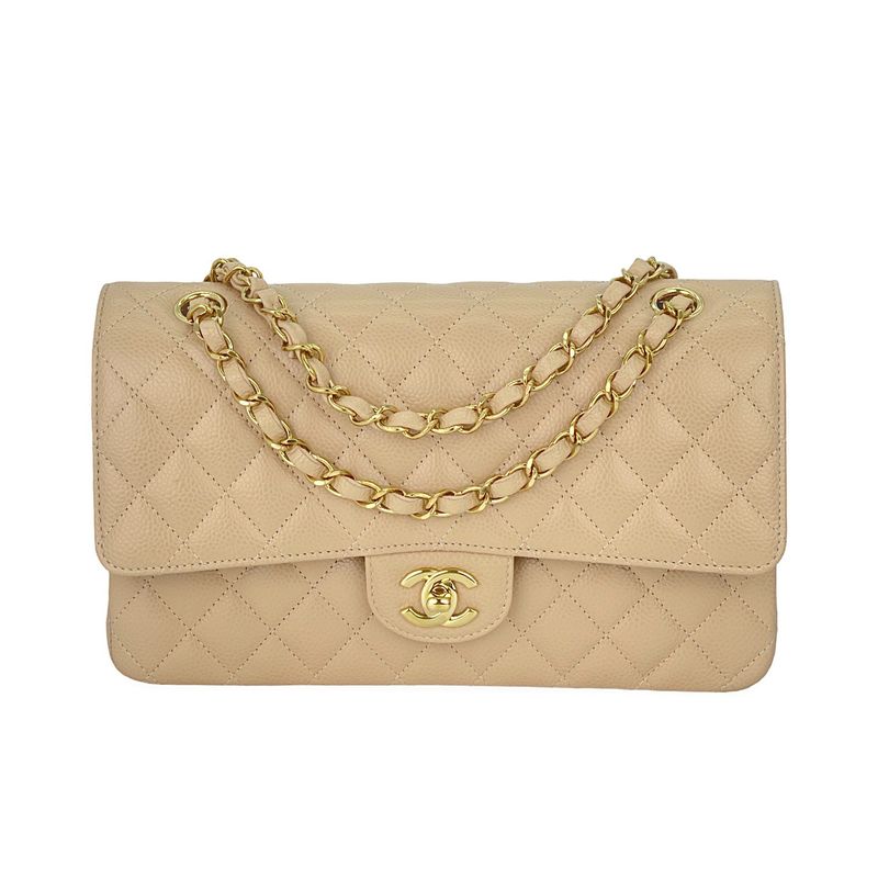 Chanel Beige Caviar Leather Gold Hardware Classic Medium Double Flap Bag