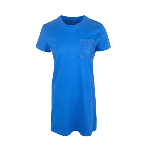 Hermes Blue Mosaique Embroidery Pocket Cotton Straight Dress 34 - 1