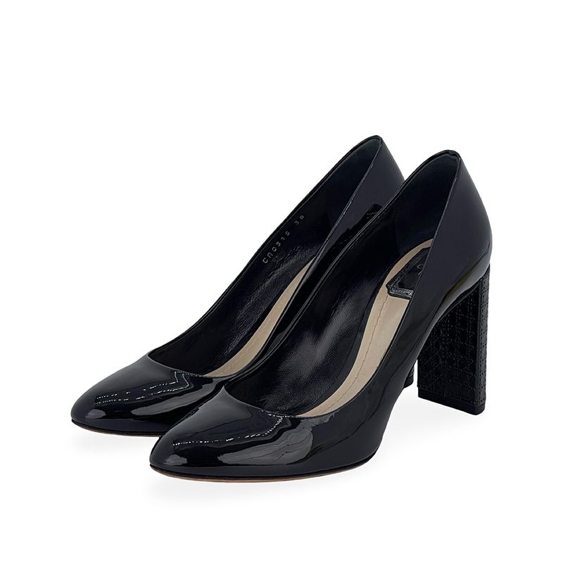 Christian Dior Black Patent Leather Cannage Block Heel Pumps 38 - 1