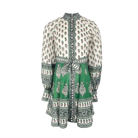 Zimmermann Green White Linen Amari Floral Belted Dress 0 - 1