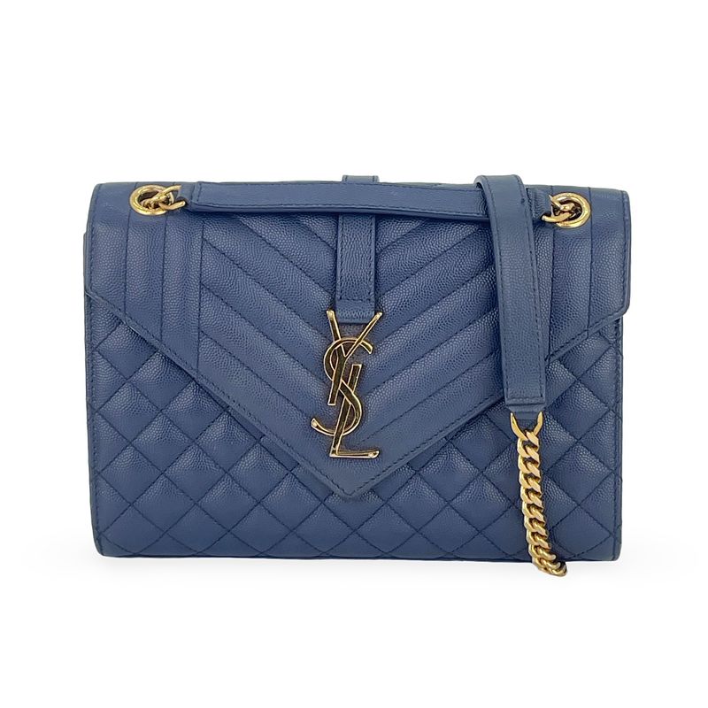 Saint Laurent Navy Blue Quilted Grain De Poudre Leather Gold Chain Medium Envelope Shoulder Bag