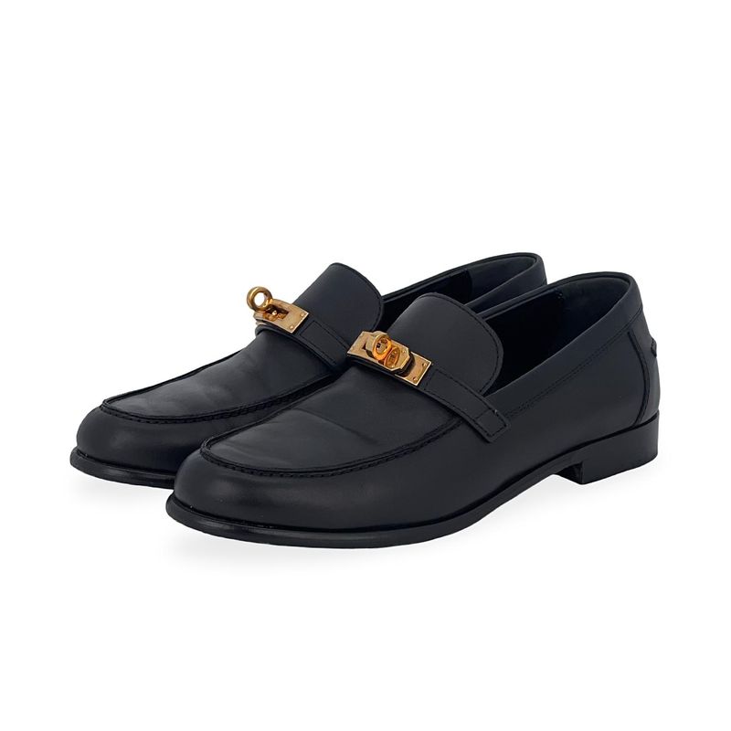 Hermes Noir Calfskin Gold Hardware Destin Loafers 38