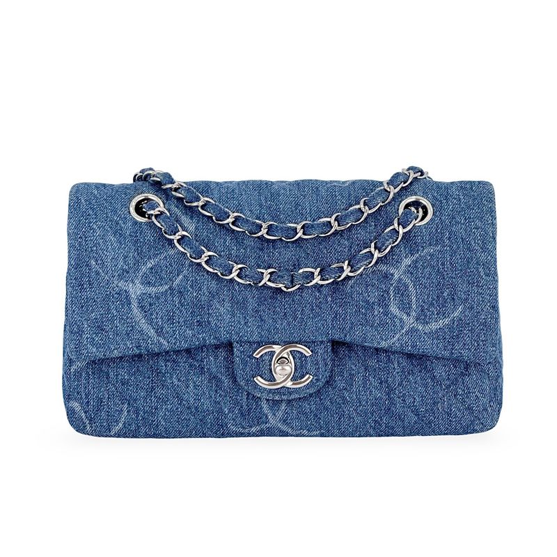 Chanel Blue Quilted Denim CC Silver Hardware Classic Medium Single Flap Bag