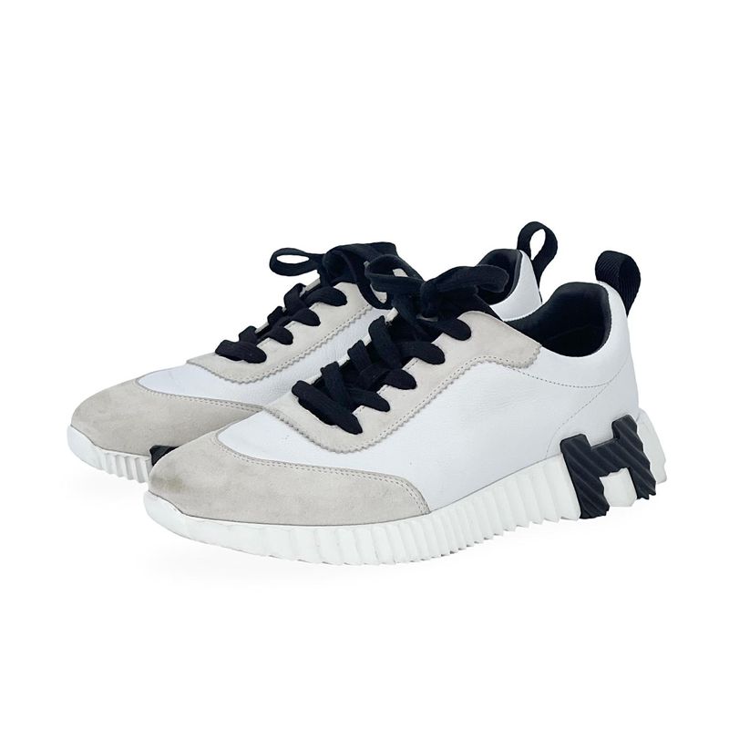 Hermes Blanc Noir Suede Goatskin Bouncing Sneakers 38
