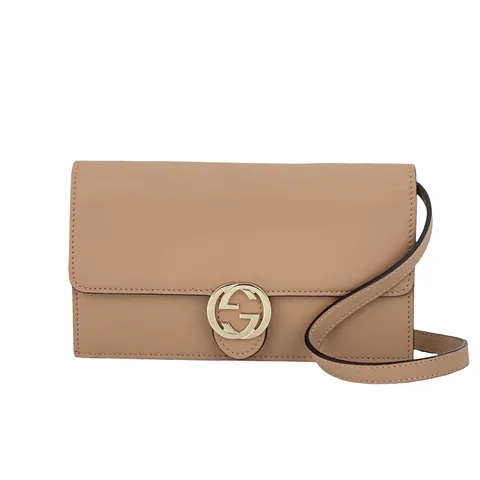 Gucci Camel Calfskin Gold Interlocking GG Wallet On Strap - 1