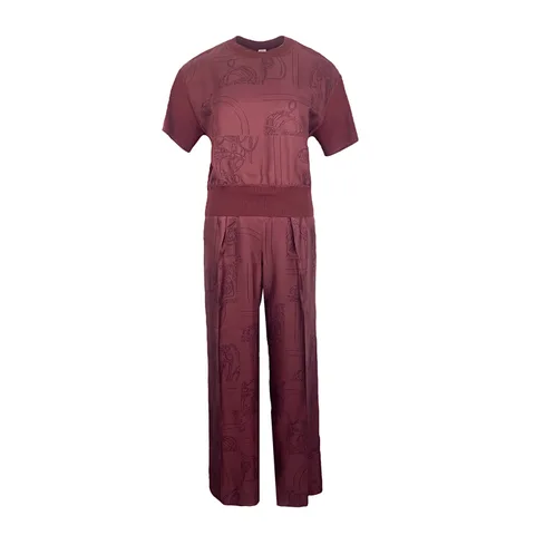 Hermes Rouge H En Desordre Finesse Short Sleeve Twillaine Sweater 36 Trousers 36 - 1