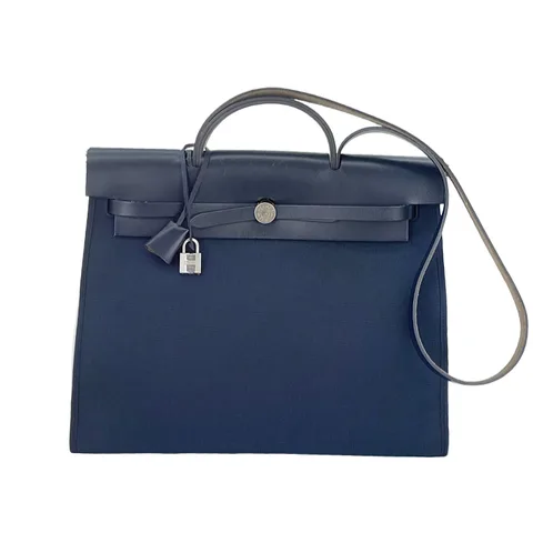 Hermes Militaire Canvas Vache Hunter Leather Palladium Hardware Bleu Ocean Bleu Indigo Zip Herbag 39 - 1