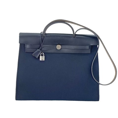 Hermes Militaire Canvas Vache Hunter Leather Palladium Hardware Bleu Ocean Bleu Indigo Zip Herbag 39 - 1