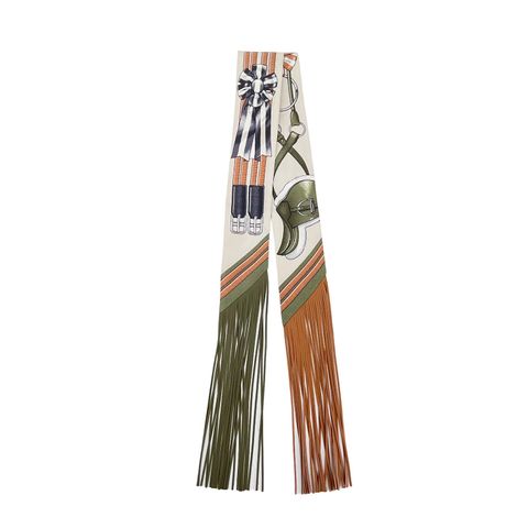 Hermes Creme Kaki Beige Dore Jumping Leather Fringes Silk Twilly Scarf - 1